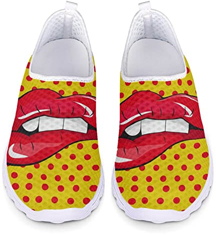 Jndtueit Polka Dots mit Kiss Lips Print Damen Luftkissen Laufschuhe-Sommer Atmungsaktives Mesh Fashion Sneakers Tennis Wanderschuhe,Rot Gelb
