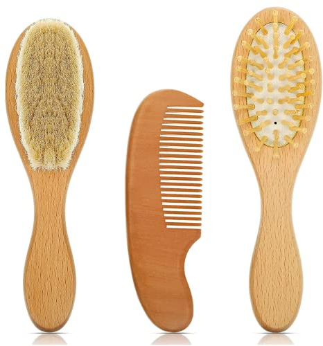 3 Pieces Baby Hair Brush & Comb Set, Infants and Toddlers Natural Wooden Hairbrush with Soft Goat Bristles for Cradle Cap and Massage, Baby Shower and Scalp Grooming