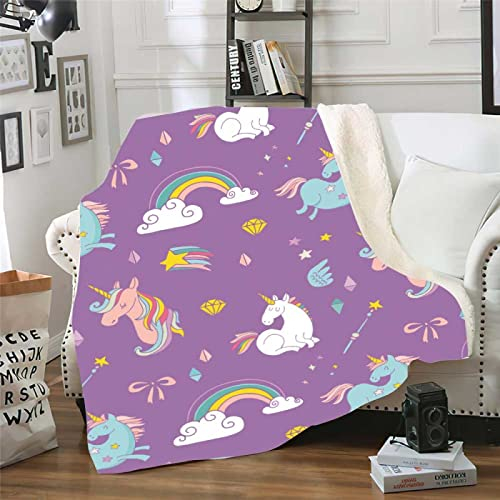 Kuscheldecke Lila Regenbogen-Einhorn Decke Flanell Lammwolle Fleecedecke Doppelseitiges Design Fleecedecke Flauschig Decken Blanket Sofadecke Pflegeleicht Felldecke Wolldecken für Couch 180x220cm