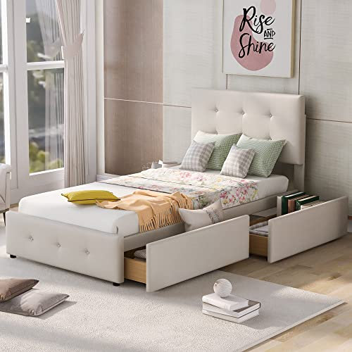LTGB Polsterbett 90 x 200 cm, Bett mit Lattenrost, Rückenlehne und Zwei Schubladen, hautfreundlicher Flanellstoff Beige flaches Einzelbett Kinderbett Jugendbett Gästebett (ohne Matratze)