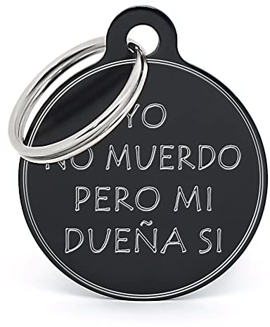 PERDIDUS Placa para perro personalizada YO NO MUERDO PERO MI DUEÑA SI. Grabado del nombre y teléfonos. (Negro)