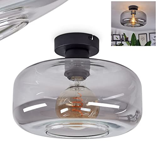 HOFSTEIN Deckenleuchte Pedreles, moderne Deckenlampe aus Metall/Glas in Schwarz/Rauchfarben, 1-flammige Leuchte im Retro/Vintage-Design mit Schirm aus Glas (Ø 27 cm), 1 x E27 max. 40 Watt