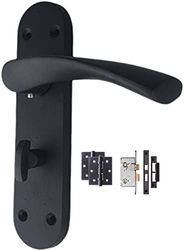 Golden Grace Astrid Bathroom Door Handles On Backplate Matt Black Finish with 64mm Bathroom Mortise Lock and 1 Pair of 3 Ball Bearing Hinges
