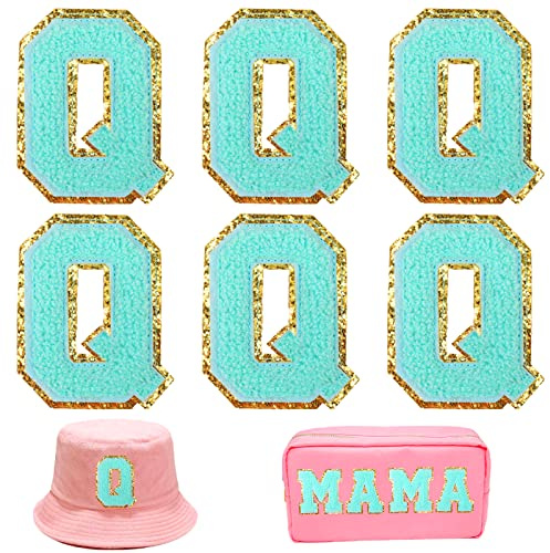 Letter Patches 6 Pcs Varsity Chenille Iron on Letters Patchs for Clothing Jackets Backpacks Glitter Letter Patches(Blue,Q)
