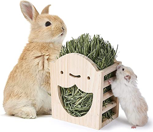 JanYoo Kaninchen Heu Futterspender Natur Holz Heu Halter für Meerschweinchen Bunny Käfig Kaninchen Heu Spender Hängend