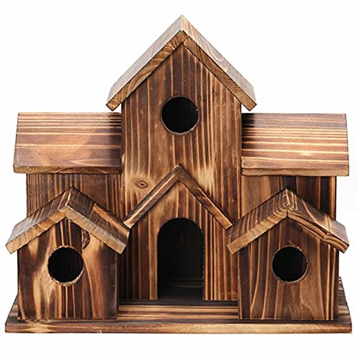 Casa de pájaros colgante de madera para exteriores, 6 agujeros, hecha a mano, natural, grande, decoración al aire libre, refugio o patio
