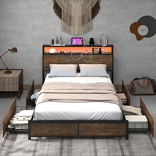 RELAX4LIFE Double/King Size Platform Bed Frame with LED Lights, 4 Rolling Drawers, Charging Station, 4FT6/5FT Slatted Support Bed Base, Industrial Metal, No Box Spring Needed (220 x 157 x 102cm)