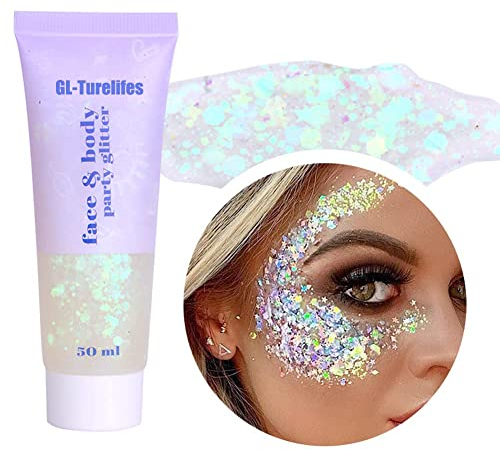 Chunky Glitter Gel Glitter Body Gel Festival Kosmetik Gesicht Haare Nägel Make-up Meerjungfrau Pailletten Flüssiger Lidschatten Langanhaltend funkelnd(#6 Weiß)