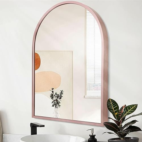HLFMVWE Specchio da parete ad arco per bagno, specchio da parete, decorazione per camera da letto, ingresso vanità, soggiorno, telaio in metallo, 65 x 45 cm, oro rosa