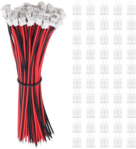 Lyeteung 50 Paires JST 2.0 PH 2 Pin Connecteur, Micro JST PH 2.0 2-Broches Connecteur Plug Mâle avec Câble de 150mm 22AWG et Femelle (Rouge Noir)