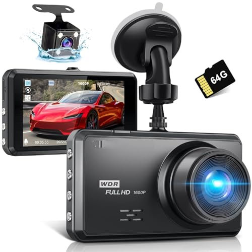 Dash Cam 2.5K Dashcam Front Rear 64G SD Card Car Dash Camera 1600P+1080P FHD 3.2 336° Wide Angle Car Camera G-Sensor Car Camera