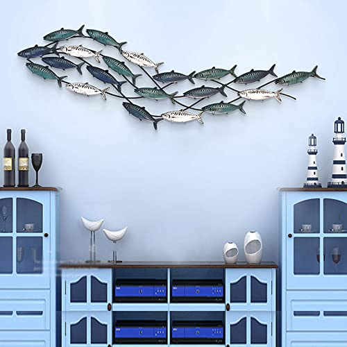 Fischschwarm-Metall-Wanddekoration, großer Fischschwarm, handgefertigte Metall-Wandskulptur, Wanddekoration für Wohnzimmer, Zuhause, 150 x 42 cm