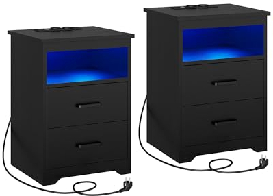 KIMENICH Nachttisch mit LED-Beleuchtung,Nachtschrank mit Ladestation,USB-Anschlüssen,2 Schubladen,Sofatisch, für Schlafzimmer, Wohnzimmer (2, Schwarz)