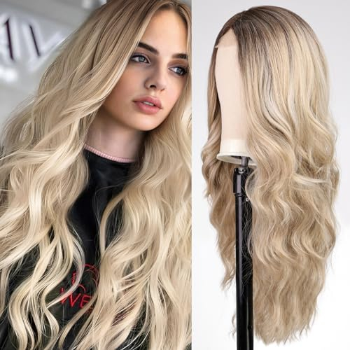 EMMOR lange aschblonde und gemischte blonde wellige Perücke für Frauen,hitzebeständige Synthetikperücken für den täglichen Gebrauch und Partys.