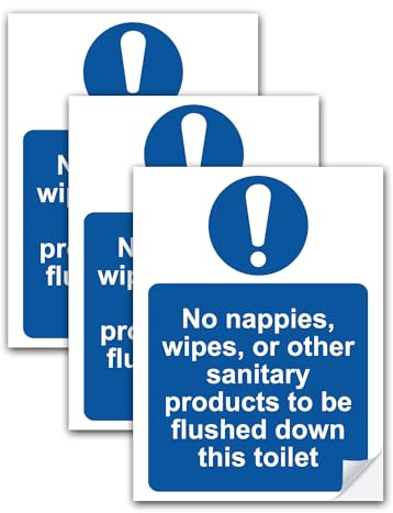 Reactive Brands SAFESIGN (confezione da 3) Cartello Vietato gettare pannolini, salviette o altri prodotti sanitari nel WC, vinile, A5 200 x 150 mm Sicurezza alimentare Igiene Salute Vinile resisten