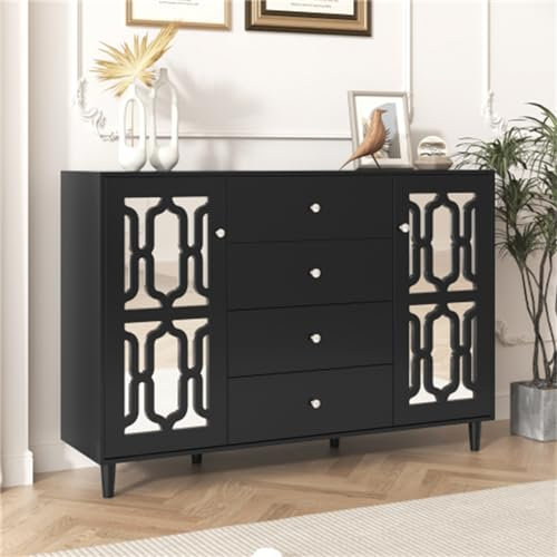 Schwarzes, Verspiegeltes Sideboard Mit Coolen Kristallgriffen – Luxuriöser Stil Für Wohn- Und Esszimmer – Robust Und Zuverlässig – Leistungsstarke Aufbewahrungsfunktion – Einfache Monta(Color:Schwarz)