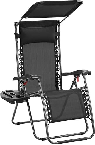 Yaheetch Outdoor Zero Gravity Sun Lounger Foldable Recliner Adjustable Patio Garden Chair w/Canopy, Cup Holder, Carry Strap for Beach Deck Camping Black/1