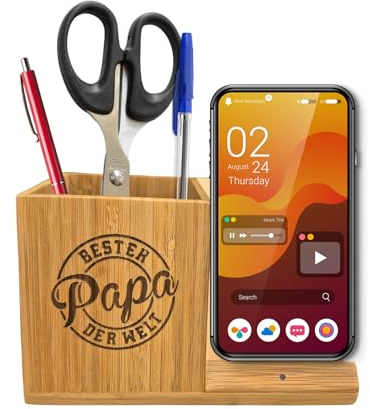 Personalisierter Organizer für den Schreibtisch aus Holz mit Handyhalterung [bester Papa] Stiftehalter - personalisierte Geschenke - Schreibtisch Zubehör - Desk Organizer - Handy Docking Station