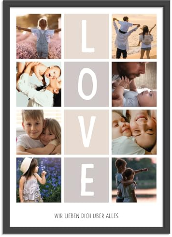 OWLBOOK® Foto Collage mit 8 Fotos & Text selbst gestalten | Partner Geschenke mit eigenem Foto | Fotogeschenke Geburtstagsgeschenke | LOVE | optional mit Bilderrahmen