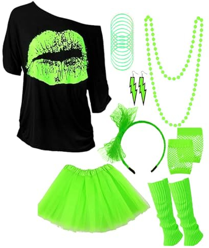 IDOTTA 80s Fancy Dress Costume Accessories Set,1980s T-Shirt Skirt Tutu Headband Gloves Earring Necklace Leg Warmers for Women Girls Party Retro Dress up