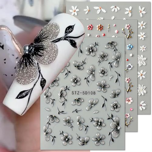 5 Blätter 5D Geprägt Relief Nageldesign Blume Nagelsticker Selbstklebend Weiß Gänseblümchen Nail Sticker Frühling Sommer Bunt Blumig Nagelaufkleber Schwarz Gelee Flower Blüte Blütenblatt Nagel Sticker