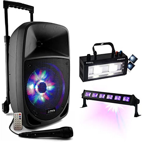 Party Light & Sound - Enceinte sur Batterie USB Bluetooth 300W PARTY-8LED Karaoke Micro - Stroboscope STROBE40LED - Effet Lumière Noire LED-UVBAR6 Ibiza