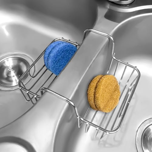 Stainless Steel Sponge Holder for Kitchen Sink - Never Rust Hanging Saddle Double for Soap Kitchen Sink Caddy 1.9 inch, Rustproof Organizer for Dishwashing and Brush Drying