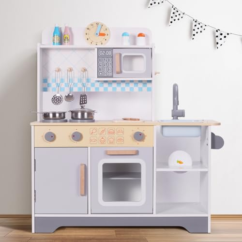 Kinderküche Holz, Spielküche Kinder,Weiße Holzküche, Kinderküche aus Holz für Spüle, Backofen und Küchenzubehör,Sensorisches Spielen, Küche Kinder, ab 3 Jahren
