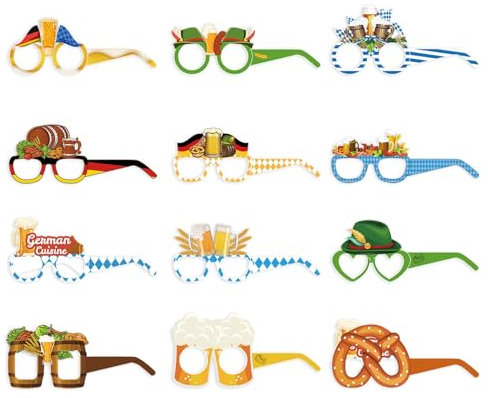 Factorys 6 Stück Oktoberfest Partybrille Funny Papier Brillen Bier Brezel Wurst Wurst Motiven Oktoberfest Foto Requisiten für Kinder Erwachsene Bayrisch Kostüm Oktoberfest Party Deko (12 Stück)