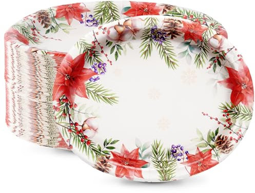 Tyzarglef 50 Count Christmas Oval Paper Plates, 10 x 12.5 Large Disposable Dinner Serving Platters, Poinsettia Design for Xmas Dinnerware Table Decorations