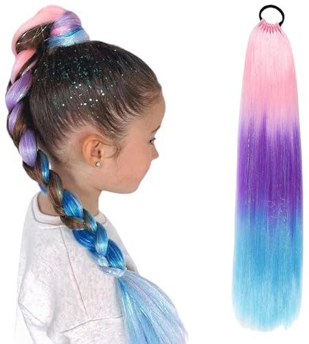 Mezrkuwr Pferdeschwanz verlängerung mit Haargummi, Farbverlauf 66 cm, farbige Haarverlängerungen zum Flechten, bunte Pferdeschwanz Haarverlängerungen bunte haare zum einflechten