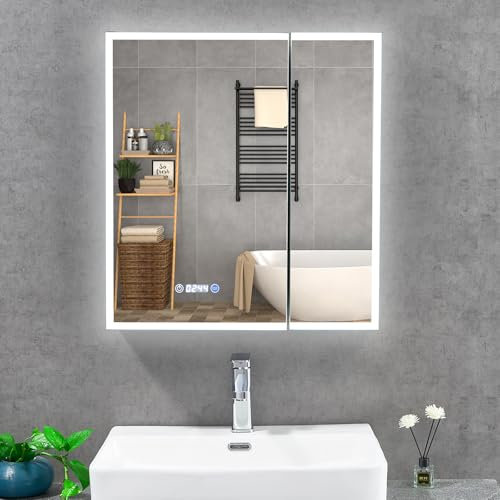 T&K LED Badezimmer Spiegelschrank mit Beleuchtung und Entfogging 60x65cm, mit Zeit und Temperaturanzeige, 3 Lichtfarbe Einstellbar, Steckdose und USB-Stecker, Aluminium Rahmenwerk Badspiegelschrank