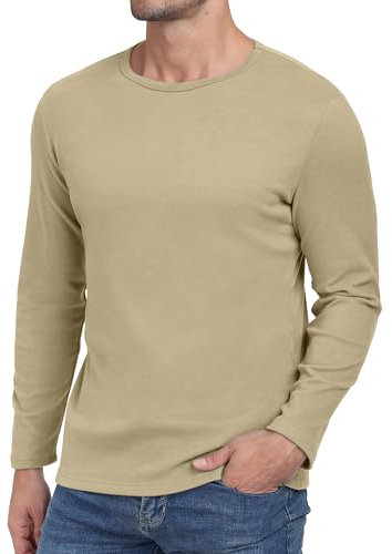 Hisir Mens Long Sleeve Tops UK Thermal Basic Crew Neck T-Shirt Tee Tops (Khaki, XL)