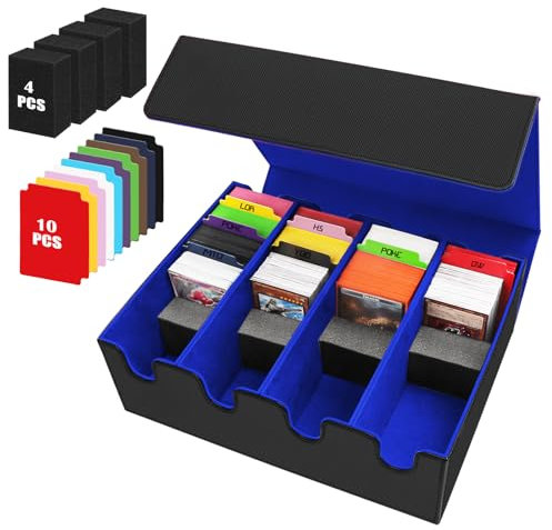 Scatola per Carte per Oltre 2800+ Carte, Scatole per Carte Collezionabili con 10 Divisori Colorato, Scatole per Mazzi Magnetici Premium, Custodia in pelle PU per Carte Magic the Gathering(Nero Blu)