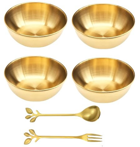 KOOLEVER 4 Gold Bowl,Gold Stainless Steel Dip Bowls,Dipping Bowls Set of 4,Snack Bowls for Nibbles,with 1 Stainless Steel Leaf Spoon and 1 Leaf Fork,Household Sauce Dish