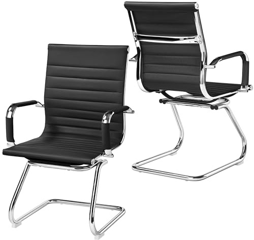 costoffs 2PCS Faux Leather Armchair Meeting Room Office Chairs, Black | set of 2 mid-back reception chairs, ergonomic design, sled base, covered armrests, stable & comfy for office & waiting room