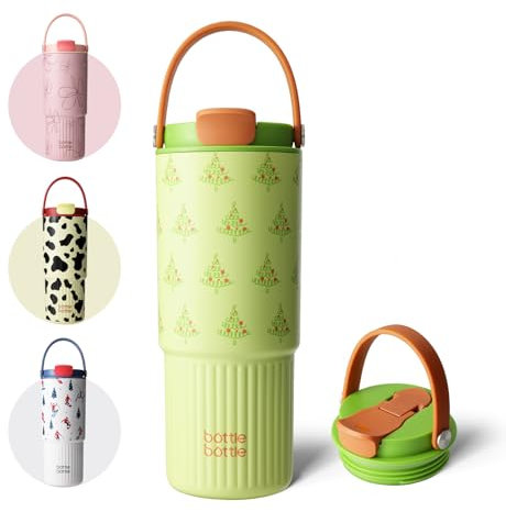 BOTTLE BOTTLE Isolierte Wasserflasche mit Strohhalm und Griff, Edelstahl-Wasserflaschen für Auto, Sport, Zuhause, Büro und Schule, 750 ml, auslaufsicher (Baum)