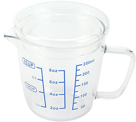 Taza medidora de vidrio con tapa, tazas medidoras de escala líquida con asa para bebidas líquidas calientes de café expreso (250ml/1 cup)