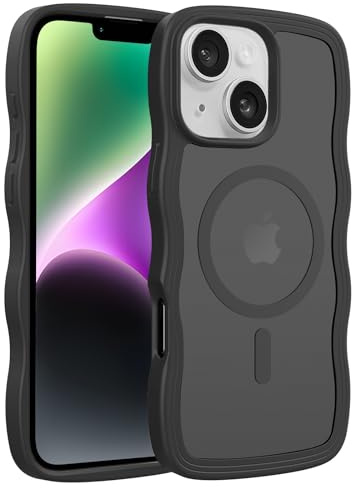 Owncase for iPhone 13 / iPhone 14 Case, Curly Wave Frame Translucent Matte Hard Back Cover, Compatible with MagSafe, Shockproof Protective Phone Case for Women and Girls, Black