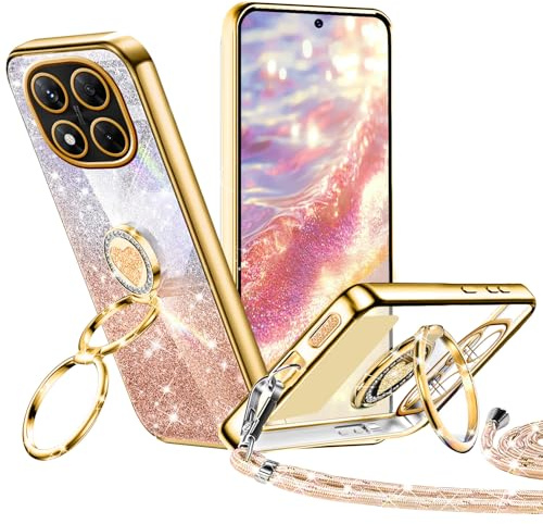 Tawarror Glitzer Handyhülle für Xiaomi Redmi Note 14 Pro 5G Hülle mit Band, Galvanisierte Silikon TPU Schutzhülle mit Herzen Doppelring Ständer, Kordel zum Umhängen Stossfest Case Gold