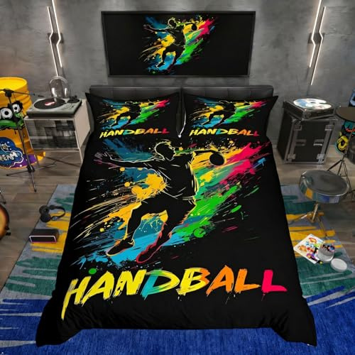 Homewish Bettbezug, 140 x 200 cm, Motiv Handball Graffiti | Bettwäsche für Jugendliche, Jungen, Motiv Ballsport, Regenbogenfarben, moderne Mode