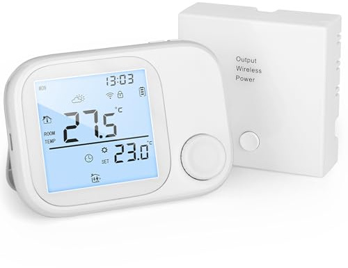 Termostato Wi-Fi per caldaia a gas,Termostato Smart a Batteria compatibile Google e Alexa, Timer Settimanale, Funzione di Memoria, Controllo Tramite Pulsanti, Protezione Antigelo, Blocco Bambini