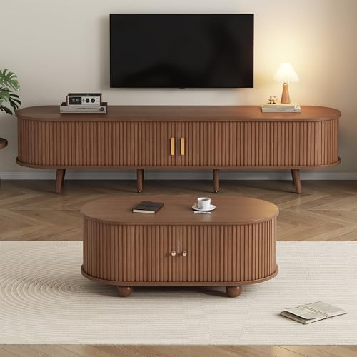 BTM TV Stand + Coffee Table 2 Set, TV Cabinet with 2 Drawer 2 Sliding Doors for 70inch TV + Coffee Table with 2 Sliding Doors, Dark walnut, 175 * 40 * 42cm + 100 * 50 * 40cm, MDF
