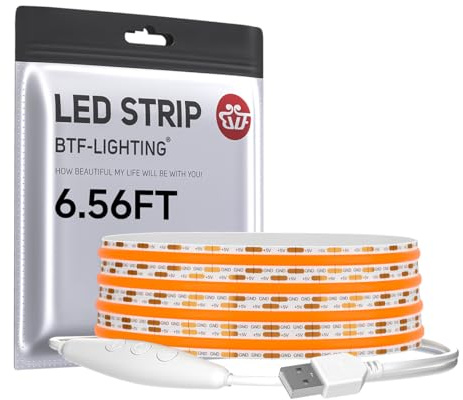 BTF-LIGHTING Dimmbar USB-betrieben COB Orange LED Streifen 2M 320LEDs/m 5V | Flexible LED Leiste, Ultrahell CRI90+, für Wohnzimmer TV Hintergrundbeleuchtung, Schrank, Küche, Gaming PC, DIY Deko