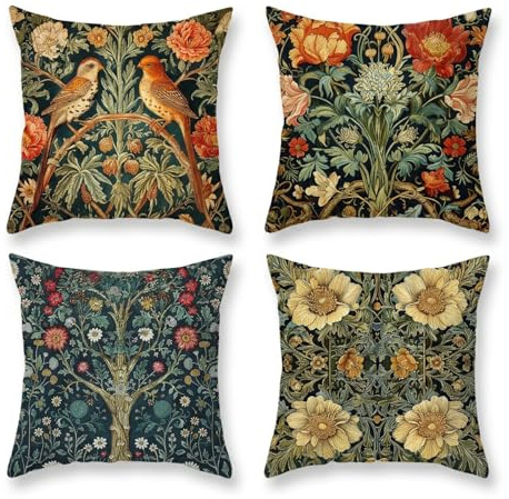 BREASOME Kissenbezug Vögel Blumenmuster William Morris 45x45 cm 4er Set | Zierkissen mit botanisch Design, Boho vintage Stil, Stoff polyster, Dekokissen für Wohnzimmer Schlafzimmer Sofa Couch Garten