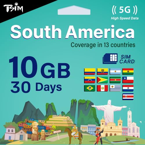 TSIM Südamerika-SIM-Karte 30 Tage 10 GB | Multi-Operator-5G/4G-Netzwerk (Hotspot erlaubt) | Nutzung in Brasilien, Chile, Kolumbien, Argentinien, Ecuador & mehr | Automatische Aktivierung.
