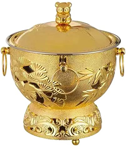 Traditional Chinese Copper Hot Pot,Mini Stainless Steel Shabu Cooker Alcohol Hotpot Cooking Cookware Pan Single Chafing Dishes(Gold)
