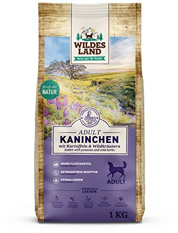 Wildes Land - Nr. 4 Kaninchen - 1 kg - mit Kartoffeln und Wildkräutern - Glutenfrei - Trockenfutter für Hunde - Hundefutter mit hohem Fleischanteil - Hohe Verträglichkeit