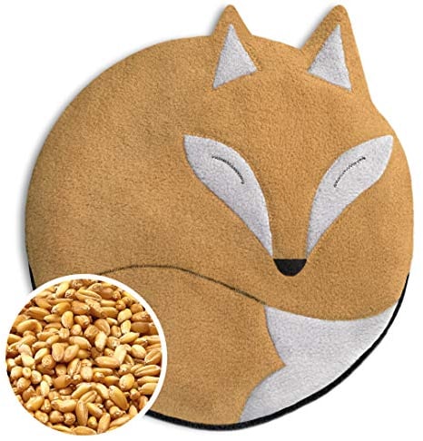 LESCHI Coussin chauffant - Bouillotte micro-ondes 4 compartiments - Animal : renard beige - Bouillotte graines de blé bio souple - Idéal pour se réchauffer en hiver et pour apaiser le ventre
