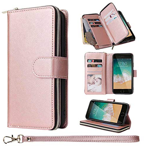 ZCDAYE Wallet Case for iPhone 7 iPhone 8 iPhone SE 2020,Premium[Magnetic Closure][Zipper Pocket] Folio PU Leather Flip Case Cover with 9 Card Slots Kickstand for iPhone 7/8/SE 2020 4.7-Rose Gold